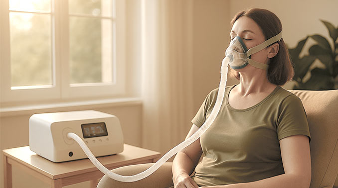 Frau entspannt beim Zelltraining IHHT mit Atemmaske – sanfte Sauerstofftherapie zur Steigerung von Energie und Wohlbefinden
