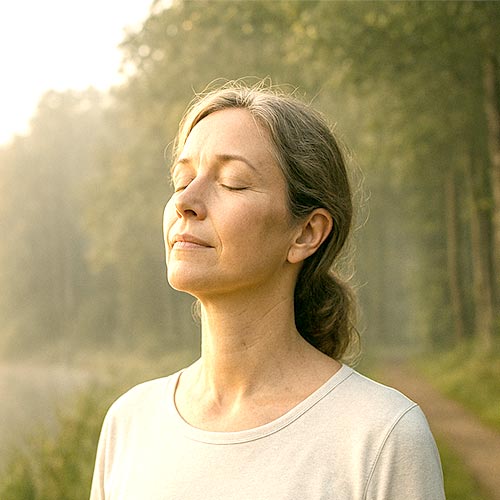 img_3-wochen-programm-ebene-2 Frau steht mit geschlossenen Augen im Wald und atmet ruhig zur Entspannung