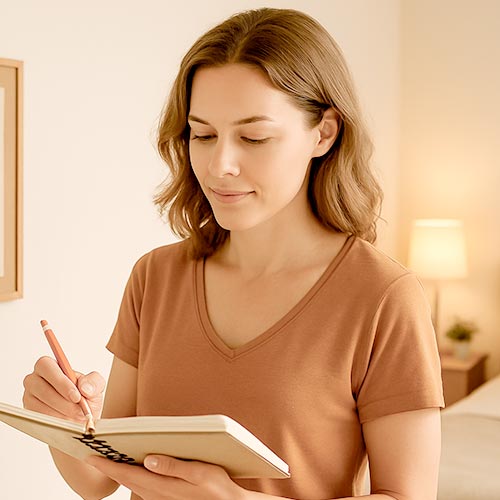 img_3-wochen-programm-ebene-3 Frau schreibt konzentriert in ein Journal, um ihre persönliche Routine festzuhalten