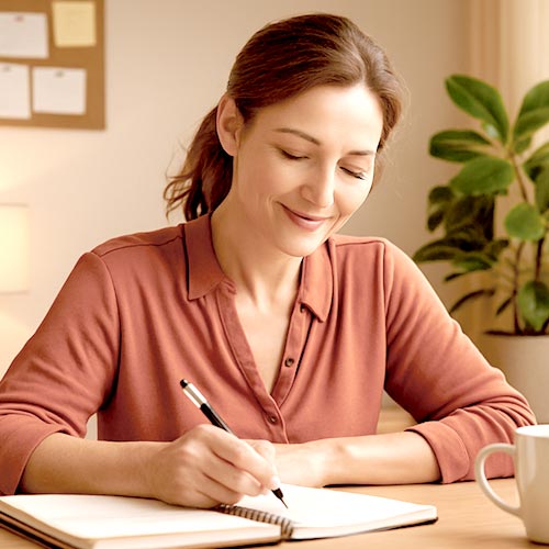 img_8-wohen-programm-ebene-3 Frau schreibt entspannt in ein Journal zur Selbstreflexion und Alltagsstruktur