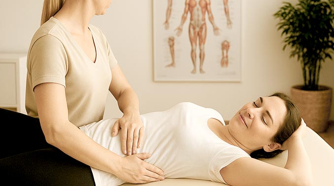 Therapeutin führt eine sanfte Bauchbehandlung bei einer entspannten Patientin durch