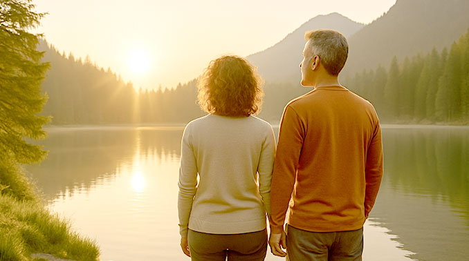 Paar steht am See im Sonnenaufgang und blickt gemeinsam nach vorn