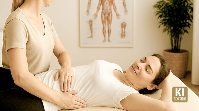 3 Wochen-Programm – dein Kickstart Therapeutin führt eine sanfte Bauchbehandlung bei einer entspannten Patientin durch