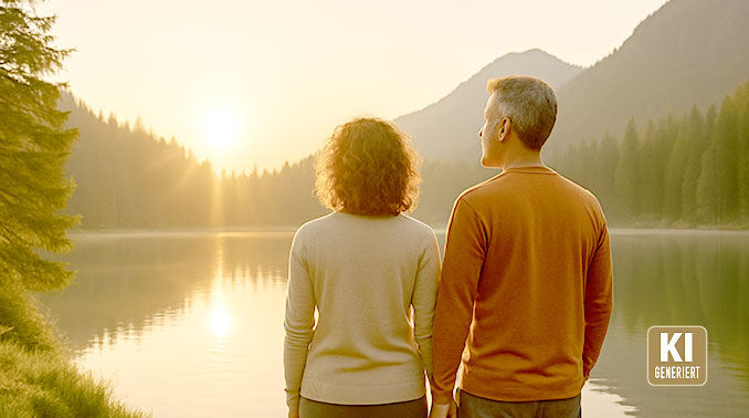 8 Wochenprogramm – Dein Neustart Paar blickt gemeinsam über einen See in den Sonnenaufgang und symbolisiert Neustart