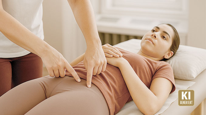 Schmerztherapie nach Liebscher & Bracht – sanfte Schmerzfreiheit erleben Therapeutin behandelt sanft Druckpunkte an der Hüfte – Symbol für gezielte Schmerztherapie nach Liebscher & Bracht zur Linderung von Bewegungsschmerzen