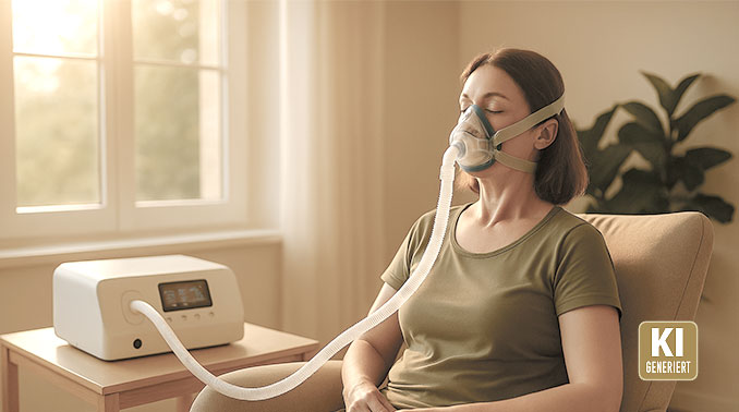 Zelltraining IHHT – sanfte Sauerstofftherapie für mehr Energie Frau entspannt beim Zelltraining IHHT mit Atemmaske – sanfte Sauerstofftherapie zur Steigerung von Energie und Wohlbefinden